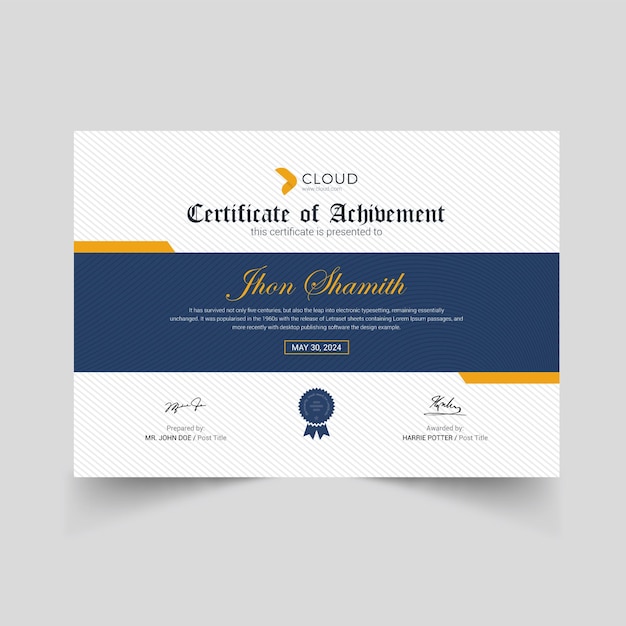Plik wektorowy korporacyjny projekt certyfikatu z żółtymi elementami