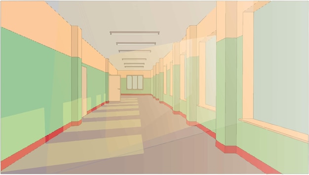Plik wektorowy korytarz szkolny z oknem i wieloma drzwiami z izolowaną ilustracją wektorową