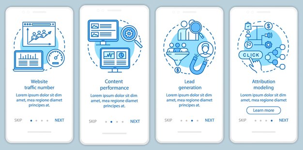 Korzyści z marketingu cyfrowego niebieski onboarding szablon wektor ekranu strony aplikacji mobilnej. Kroki dotyczące wzrostu ruchu w witrynie z liniowymi ilustracjami. Koncepcja interfejsu smartfona UX, UI, GUI