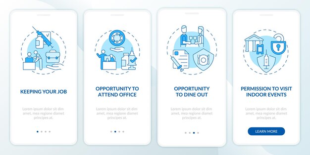 Korzyści z zaszczepienia się na ekranie strony aplikacji mobilnej. Prowadzenie pracy instruktaż 4 kroki graficzne instrukcje z koncepcjami. Szablon wektorowy UI, UX, GUI z liniowymi kolorowymi ilustracjami