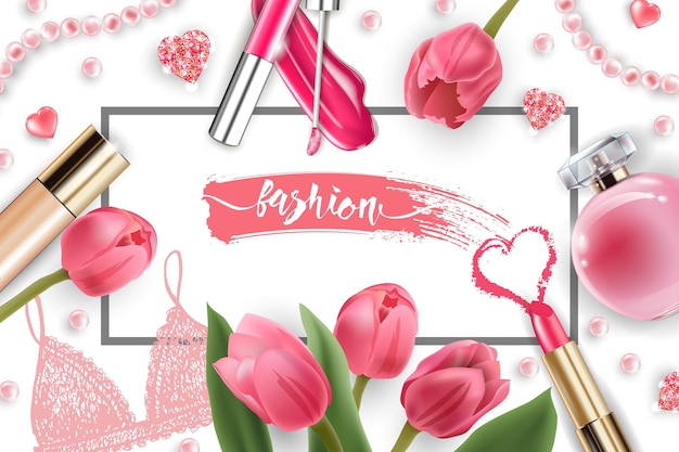 Plik wektorowy kosmetyki i moda tło z makijażem obiektów artysty: błyszczyk, perfumy, różowe perłowe koraliki, musujące serca. podkład, różowa szminka. z różowymi tulipanami koncepcja wiosna i walentynki