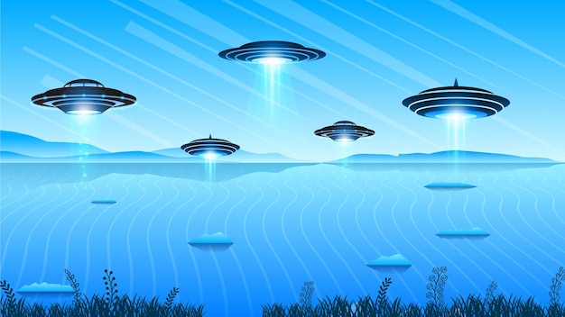 Kosmici Latające Spodki Góry Chmury Wody Drzewo Krzaki Tło Gradient Niezidentyfikowane Ufo