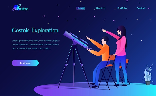Plik wektorowy kosmiczna eksploracja strony internetowej ilustracja z teleskopem mężczyzna kobieta wektor ilustracja scena
