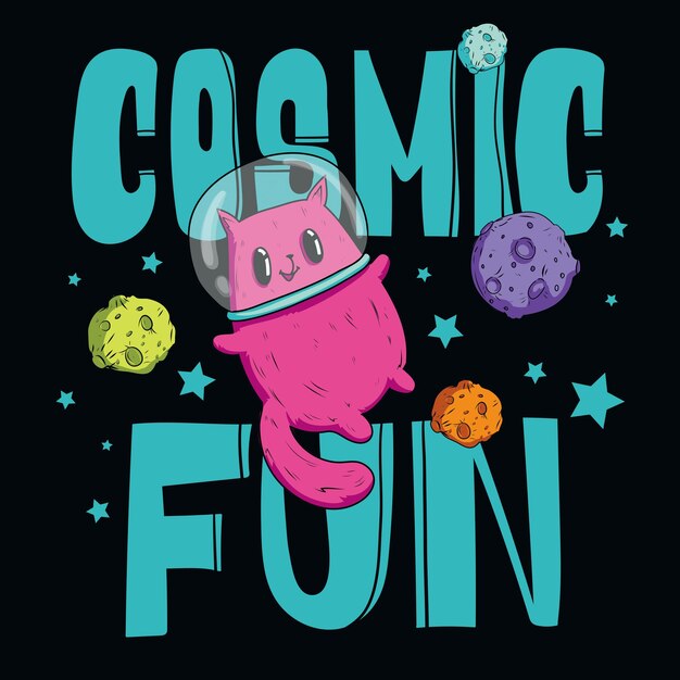 Plik wektorowy kosmiczna koszulka z ręcznie napisanymi słowami cosmic funkitten w garniturze kosmicznym i plakat planety