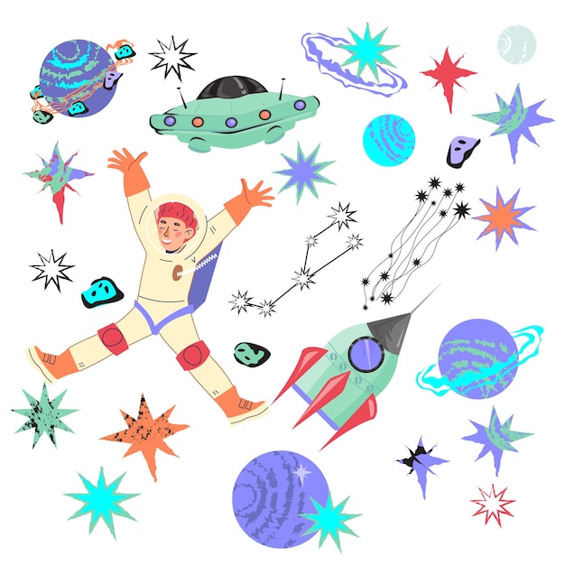 Kosmiczne Ikony Z Zabawnym Dzieckiem Astronautą W Skafandrze Kosmicznym Z Rakietą, Ufo I Statkiem Kosmicznym