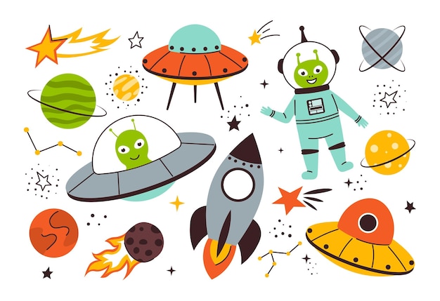 Kosmiczne ilustracje ręcznie rysowane wektor zestaw ufo rakieta kometa astronauta planeta droga mleczna