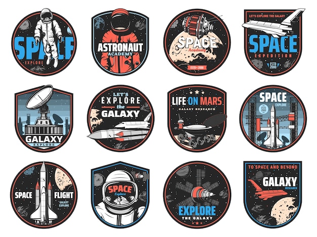 Kosmiczne odznaki retro z astronautami