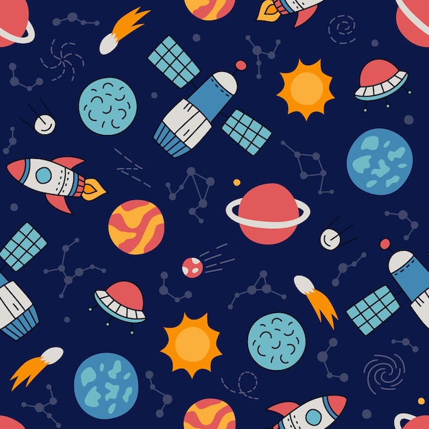Kosmiczne planety gwiazdy i rakiety Ręcznie rysowane wzór w stylu doodle Kosmos bakground
