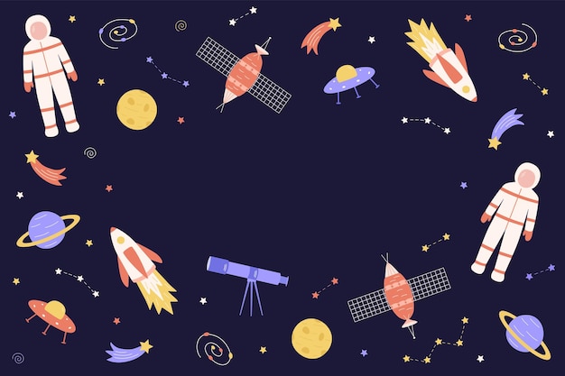 Kosmos Doodle To Zestaw Ilustracji Wektorowych Ikony Elementów Kosmicznych Rakieta Kosmonauta Gwiazdy Satelita Teleskop Kometa