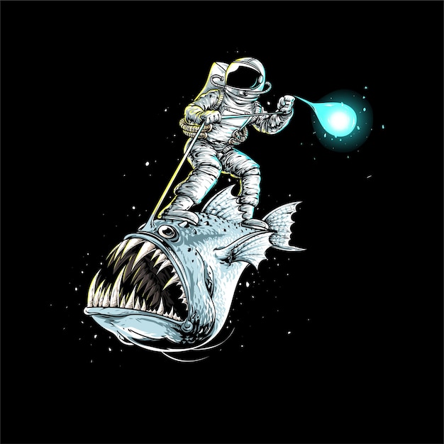 Plik wektorowy kosmos i astronauta z ręcznie rysowaną rybą wędkarską