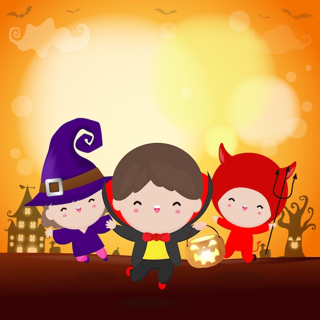 Kostium Na Halloween Happy Kids. Grupa Dzieci W Halloween Cosplay.