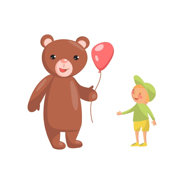 Kostium Niedźwiedzia Z Czerwonym Balonem I ładny Mały Chłopiec Kreskówka Wektor Ilustracja Na Białym Tle