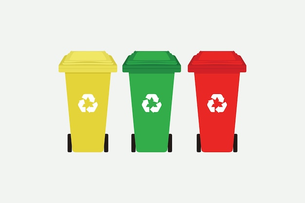Kosz do recyklingu w kolorze żółtym, zielonym i czerwonym z izolowanym symbolem recyklingu, z płaskim projektem ilustracji wektorowych