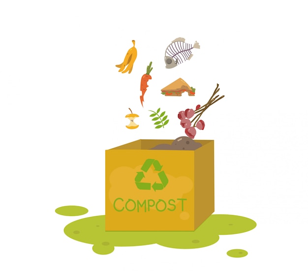 Plik wektorowy kosz na kompost z materiałem organicznym. odpady organiczne do kompostowania domowego.