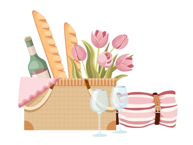 Plik wektorowy kosz piknikowy, tradycyjne wiklinowe pudełko z francuskimi bagietkami, kwiaty tulipanów, butelka wina i kieliszki z kocem i serwetką. utrudniaj jedzenie na letni wypoczynek na świeżym powietrzu. ilustracja kreskówka wektor
