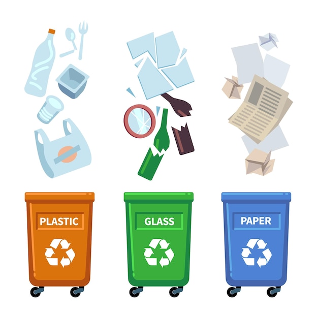 Kosze na śmieci Różne typy kolorowych pojemników do sortowania odpadów Separacja plastikowych śmieci szklanych i papierowych Izolowane kosze na śmieci ze znakami recyklingu Śmieci wpadają do śmietnika Zestaw wektorowych pojemników na śmieci