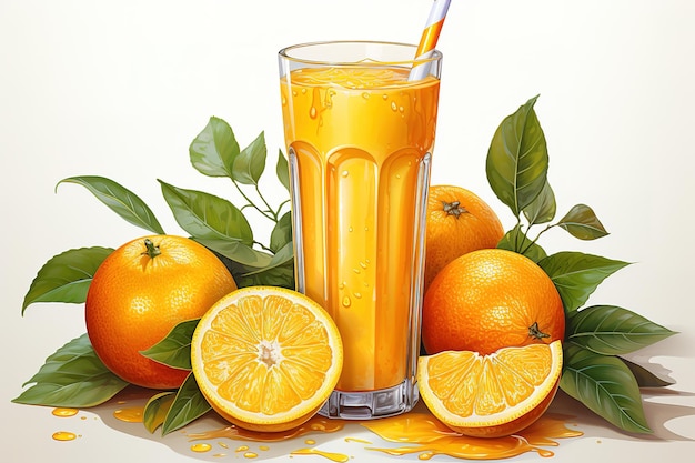 Plik wektorowy koszty pomarańczy i soku pomarańczowego na stole na białym tle w szklance strumień świeżego soku