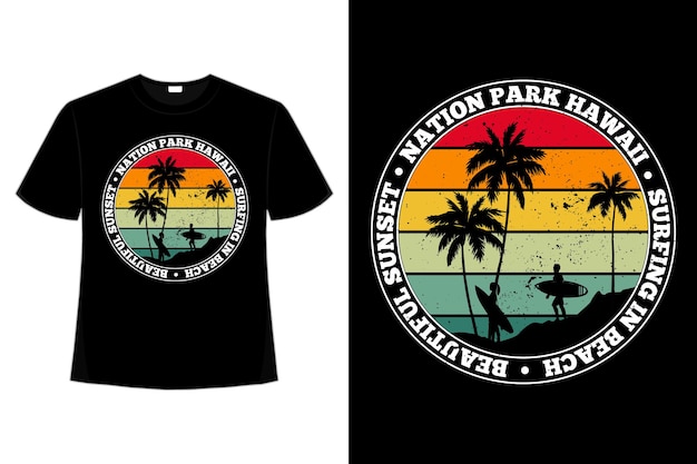 Koszulka Nation Beach Hawaii Sunset Surfing W Stylu Retro