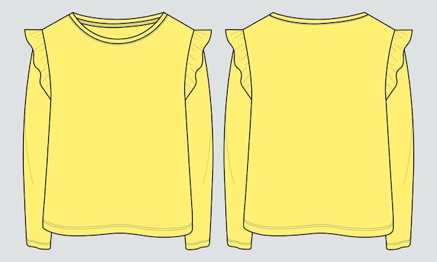 Koszulka Z Długim Rękawem Topy Moda Techniczna Płaski Szkic Wektor żółty Szablon Kolorów Dla Dziewczynek