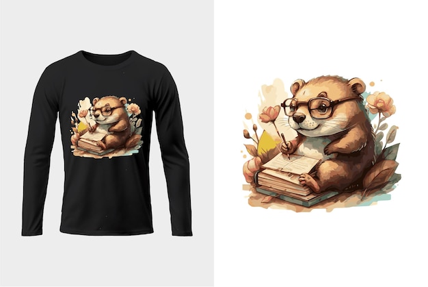 Koszulka z długimi rękawami z niedźwiedziem z kreskówki czytającym książkę