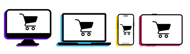 Koszyk na ekranach urządzeń. Zakupy internetowe. Komputer, laptop, tablet i smartfon - wektorowe ikony. Marketing cyfrowy. Sklep internetowy. Koncepcja e-commerce. Kliknij, odbierz i kup teraz