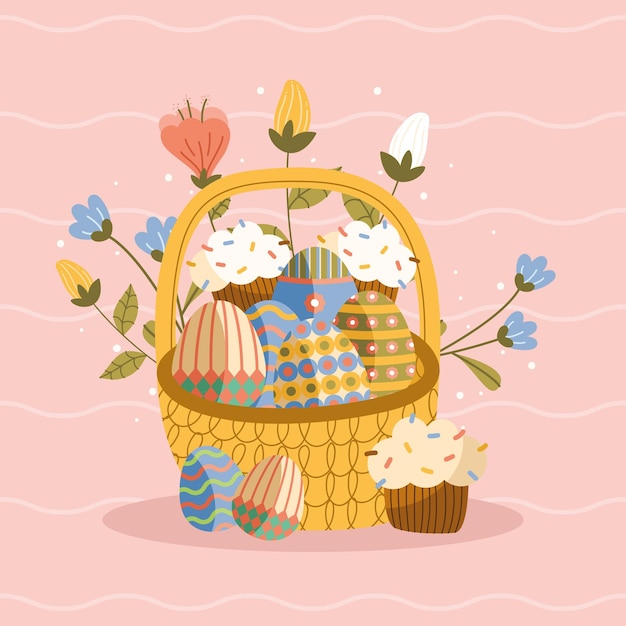 Koszyk Wielkanocny Z Kwiatami I Jajkami