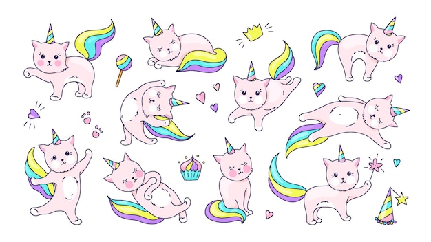 Kot Jednorożca. ładny Doodle Zwierzę Z Twarzą Kawaii, Ręcznie Rysowane Zestaw Znaków Kotka Dla Dzieci Ilustracja W Pastelowych Kolorach. Wektor Zabawny Bystrość Kotów Pozowanie Zestaw Do Magicznych Naklejek
