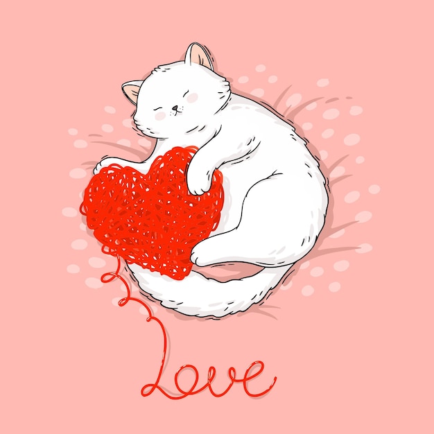 Plik wektorowy kot kreskówka z dzianinowym sercem ilustracji