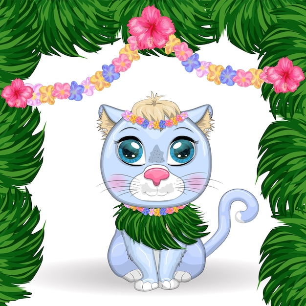 Plik wektorowy kot rysunkowy przebrany za tancerza hula pod ukulele hawaje letnie wakacje słodki symbol postaci dziecka z 2023 r