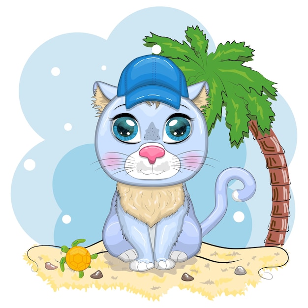 Plik wektorowy kot rysunkowy w kapeluszu z kwiatami wakacje letnie ładny symbol postaci dziecka nowego chińskiego roku 2023