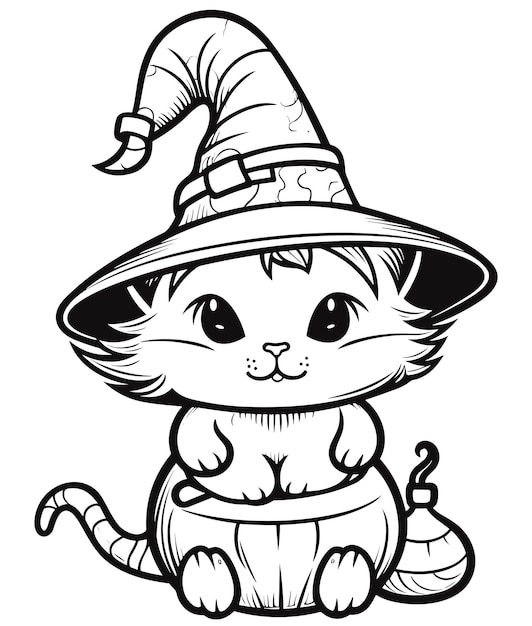 Plik wektorowy kot z kreskówki w czapce czarownicy siedzi na dyni.
