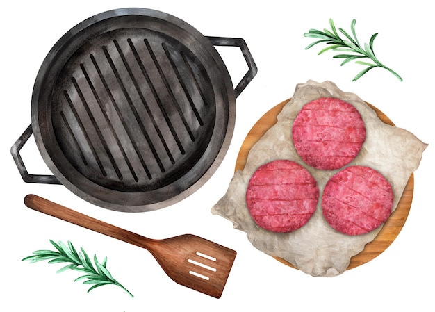 Plik wektorowy kotlety hamburgery surowe steki, patelnia grillowa. nadaje się do menu i książki kucharskiej. ilustracja akwarela