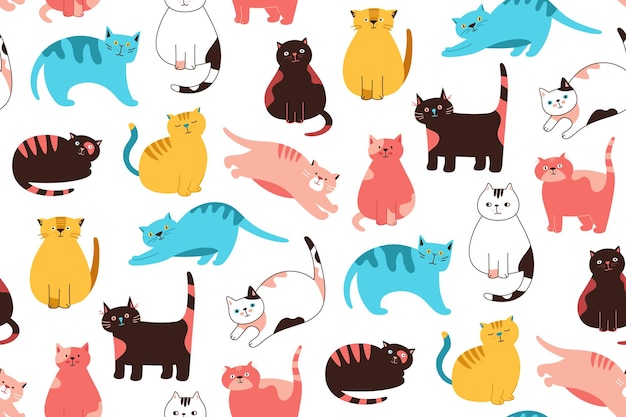 Koty doodle kreskówka bezszwowy wzór kotek różne pozy bezgraniczne tapety niekończące się tło