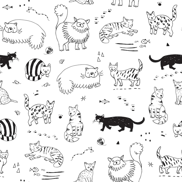 Koty doodle wektor wzór