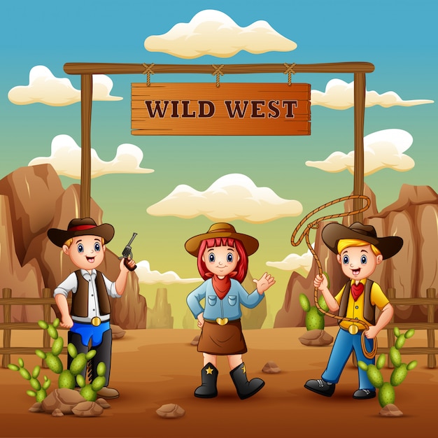 Kowboje kreskówka i cowgirl na dzikim zachodzie