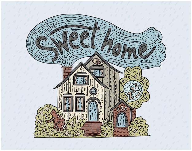 Kraj Doodle Szczegółowy Domek Z Ręcznie Rysowane Napis Sweet Home