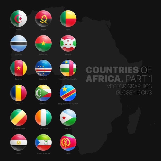 Kraje Afrykańskie Flagi Błyszczący Okrągły Zestaw Ikon