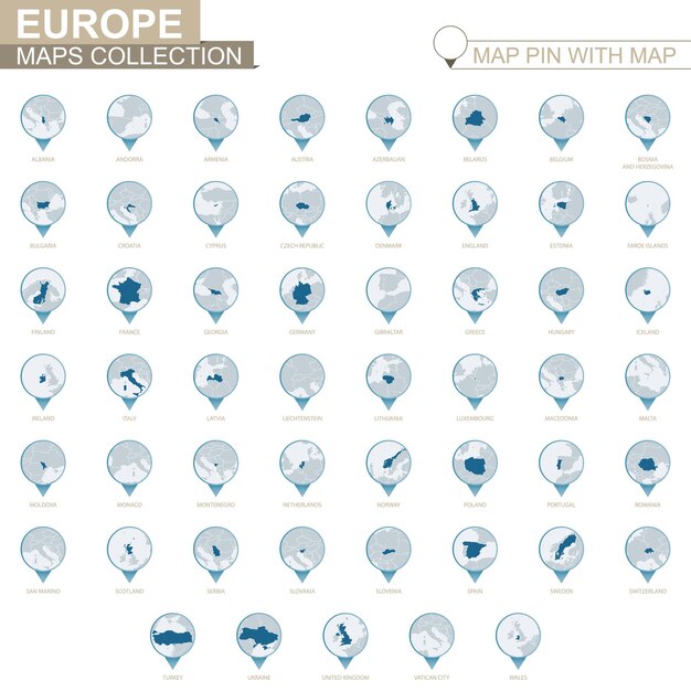 Kraje europejskie szczegółowa kolekcja map niebieska pinezka z mapą kraju