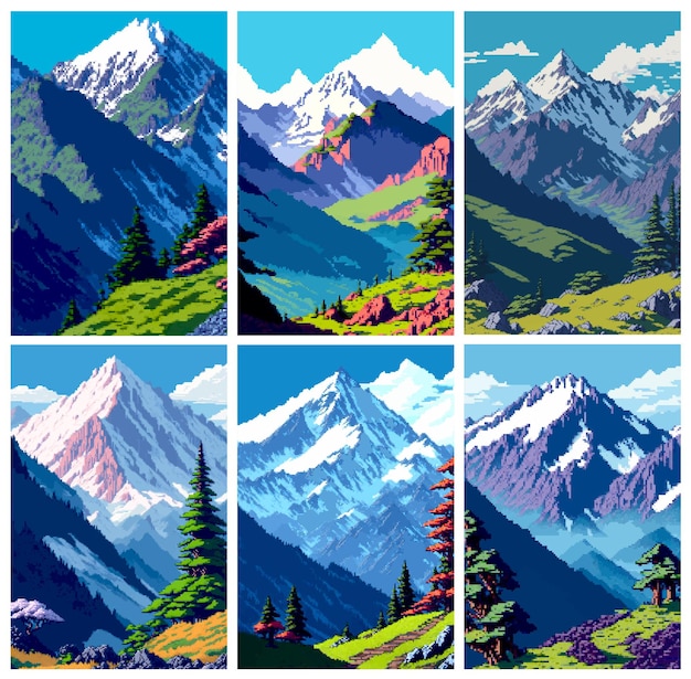 Plik wektorowy krajobraz 8-bitowa grafika pikselowa letni naturalny krajobraz górski w tle