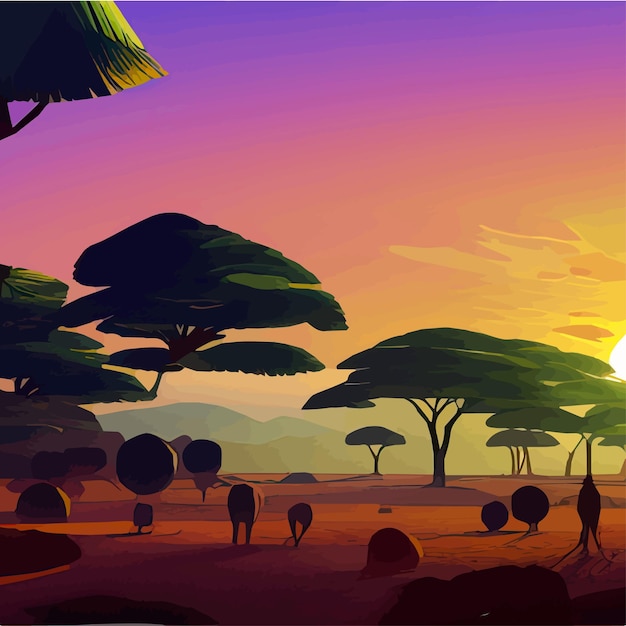 Plik wektorowy krajobraz afrykańskiej sawanny, afrykańska kreskówka o dzikiej przyrodzie z zielonymi drzewami, skałami i prostym pastwiskiem