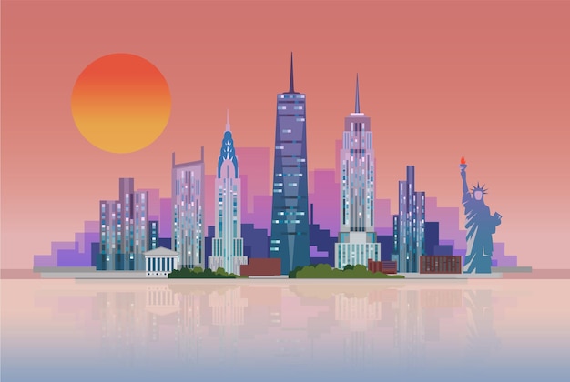 Krajobraz Drapaczy Chmur Nowego Jorku Ze Statuą Wolności. Płaskie Ilustracji Wektorowych.