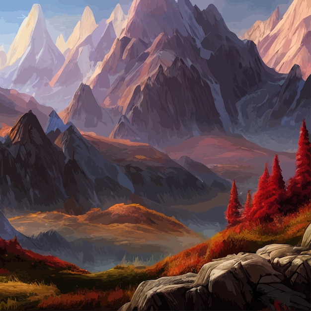 Plik wektorowy krajobraz górski krajobraz górski ilustracja wektorowa abstrakcyjne tło fantasy temat poranek