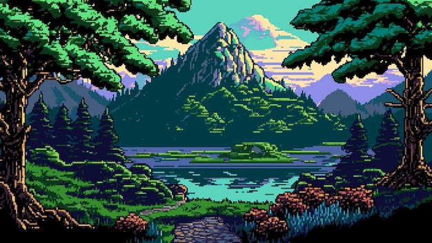 Krajobraz Górskiego Jeziora I Lasu Sztuczna Inteligencja Wygenerowała 8-bitowe Tło Wektora Sceny Gry W Pikselach