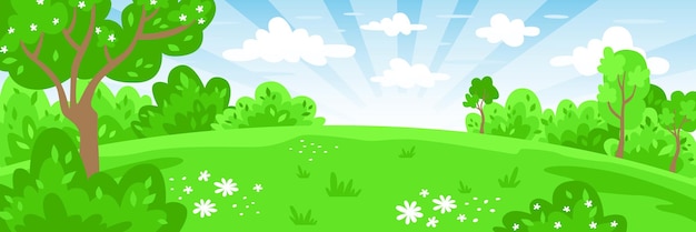 Krajobraz kreskówka Wektor Zielona natura Lato tło z zieloną trawą krzewami i błękitnym niebem