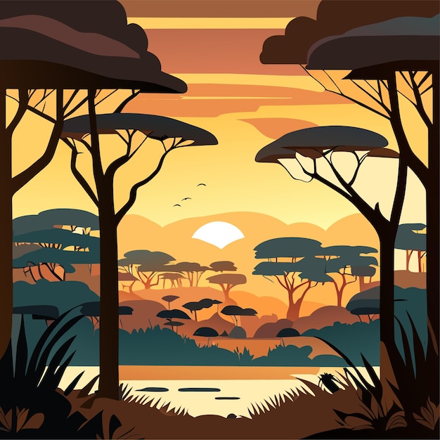 Plik wektorowy krajobraz lasów sawannowych w czasie zachodu słońca