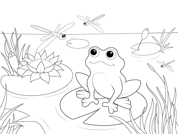 Plik wektorowy krajobraz mokradeł ze zwierzętami kolorowanka dla dorosłych ilustracji wektorowych czarno-białe linie owad żaba trzcina ważka ryba lilia wodna woda wzór koronki natura
