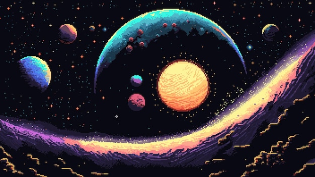 Plik wektorowy krajobraz planet wszechświata wygenerowana przez sztuczną inteligencję scena gry w 8-bitowych pikselach gra w tle 2d lokalizacja retro-futurystycznej eksploracji, zanurzająca graczy w urzekającym wizualnie, nieziemskim gwiezdnym krajobrazie