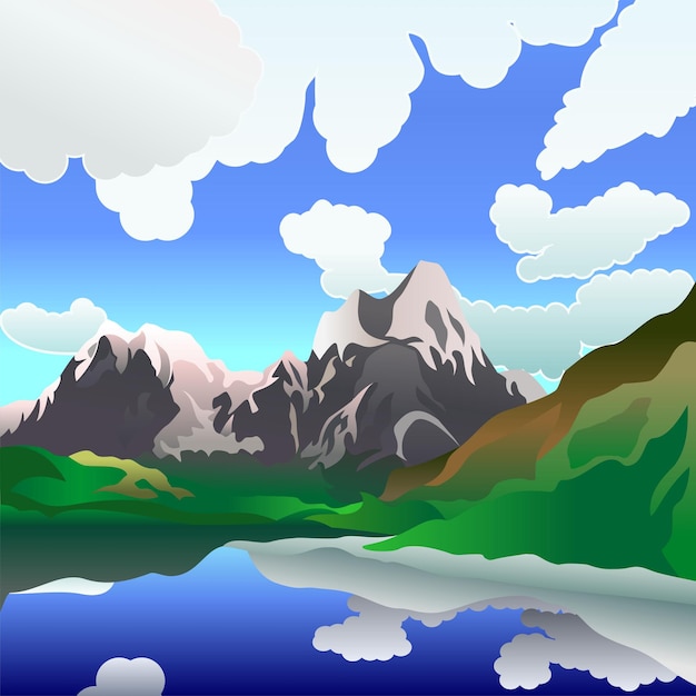 Plik wektorowy krajobraz przedstawia górskie jezioro w spokojny, pochmurny letni dzień