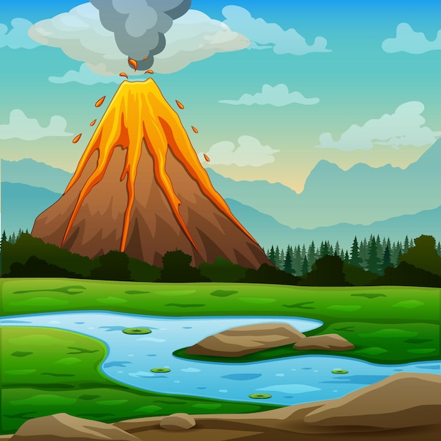 Krajobraz przyrody z ilustracją erupcji wulkanu