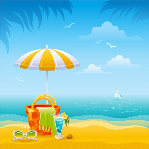 Krajobraz słonecznej plaży. Parasol, torba plażowa, okulary przeciwsłoneczne, koktajl. Lato raju tło z palmami, piasek, morze.